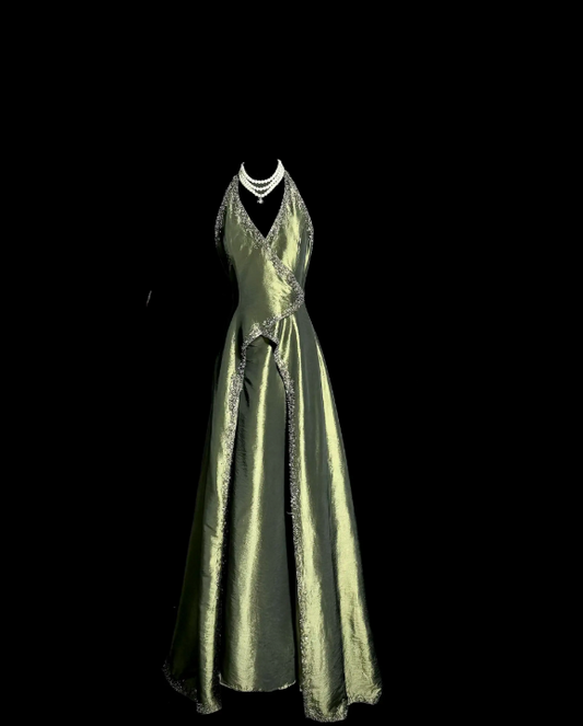 Robe de Soirée Chic Vert Fourreau Col V pour Fête Satin DP06169