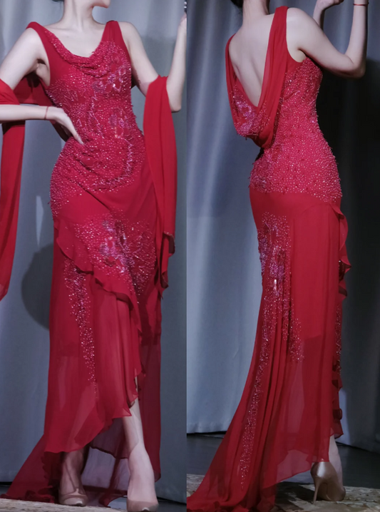 Robe de Soirée Rouge Vintage à Bretelles Fines Fourreau pour Fête Robe de Soirée en Mousseline Perlée DP06171