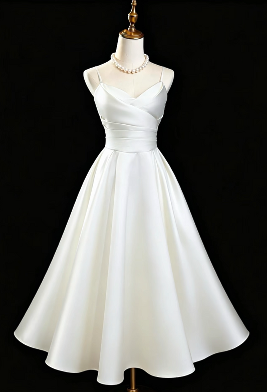 Einfaches weißes Geburtstagskleid mit Spaghettiträgern A-Linien-Abschlussballkleid Satin-Abendkleid DP06177