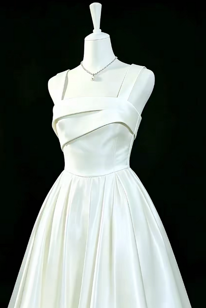 Simple White Birthday Dress Spaghetti Straps A-line Prom Dress Satin Formal Dress DP06178