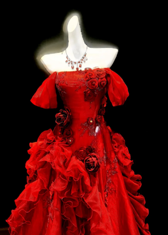 Feenhaftes rotes Ballkleid Trägerlos A-Linie Tüll Langes Abendkleid DP06181