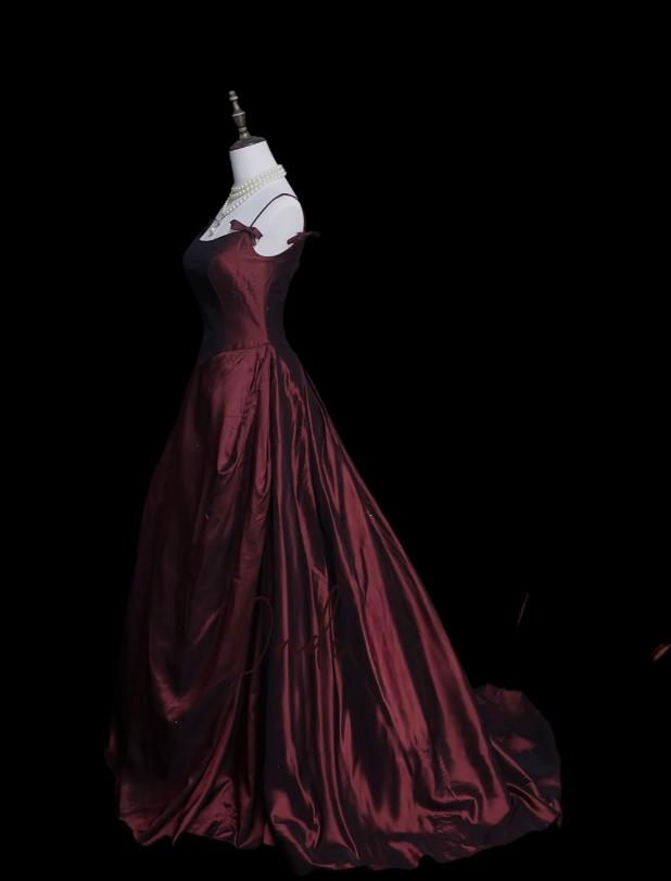 Elegantes dunkelrotes Ballkleid Spaghettiträger A-Linie Satin Langes Abendkleid DP06182