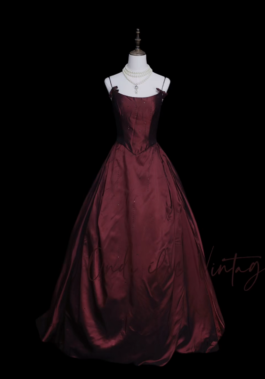 Robe de bal chic rouge foncé, bretelles spaghetti, ligne A, satin, longue robe de soirée DP06182