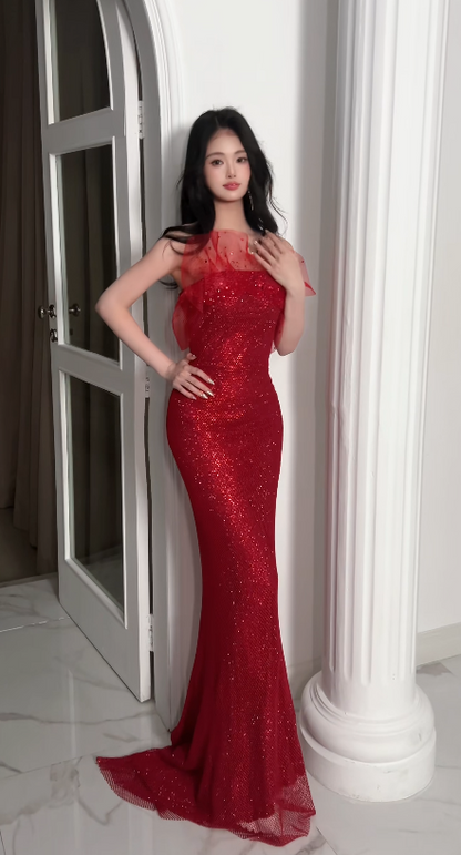 Elegantes rotes Ballkleid, trägerlos, Scheide, Tüll, langes Abendkleid DP06183
