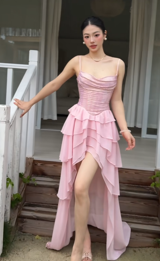 Elegantes rosafarbenes Geburtstagskleid Spaghettiträger Etui-Partykleid Chiffon Hoco-Kleid DP06191