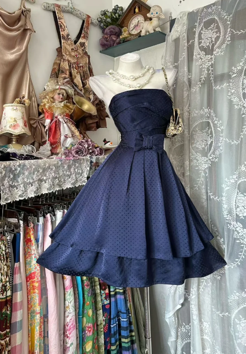 Robe d'anniversaire bleu marine glamour sans bretelles, robe de soirée trapèze, robe de bal en satin DP06193