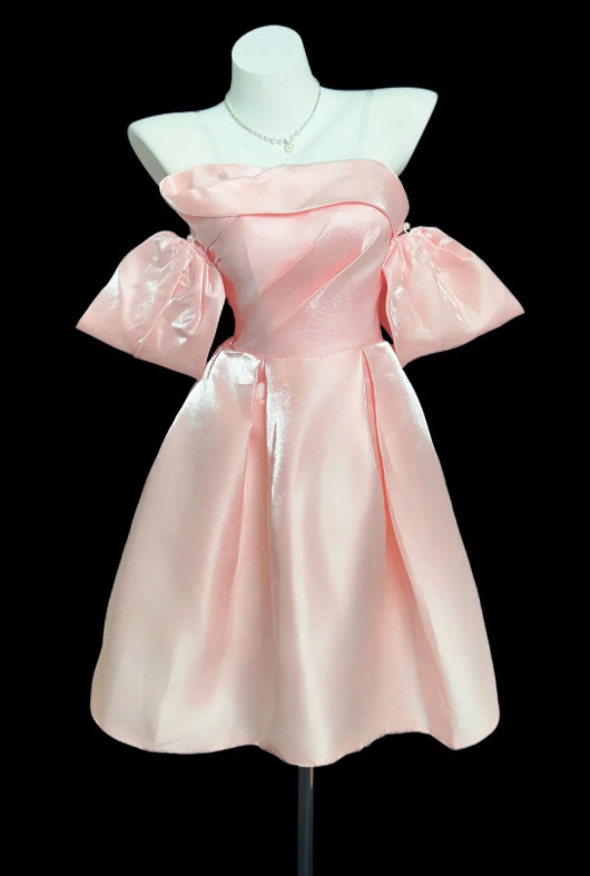 Glamouröses pinkes Geburtstagskleid, schulterfrei, A-Linien-Partykleid, Satin Hoco Kleid DP06194