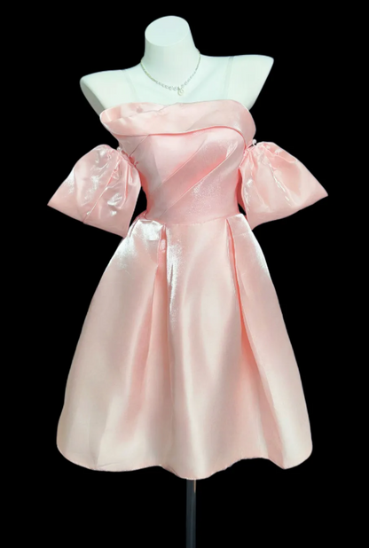 Glamouröses pinkes Geburtstagskleid, schulterfrei, A-Linien-Partykleid, Satin Hoco Kleid DP06194