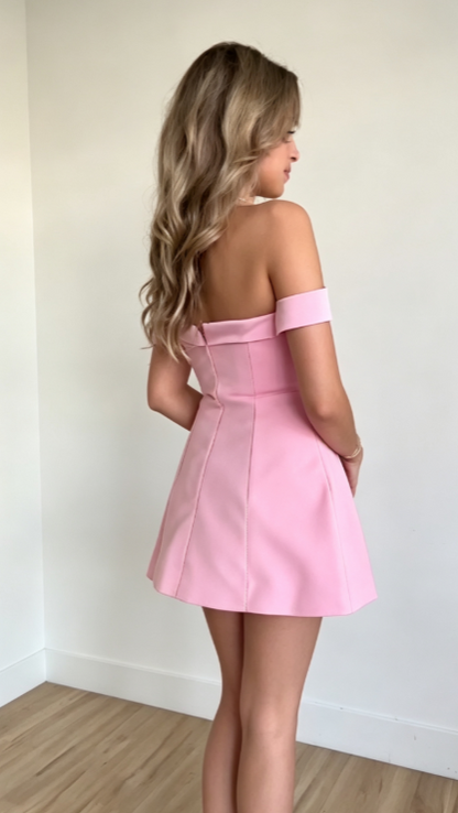 Glam Pinkes Geburtstagskleid Schulterfreies A-Linien Partykleid Satin Hoco Kleid DP06197