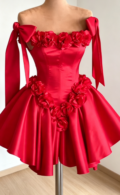 Glamouröses rotes Geburtstagskleid schulterfrei A-Linie Partykleid Satin Hoco Kleid DP06199