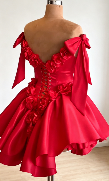 Glamouröses rotes Geburtstagskleid schulterfrei A-Linie Partykleid Satin Hoco Kleid DP06199