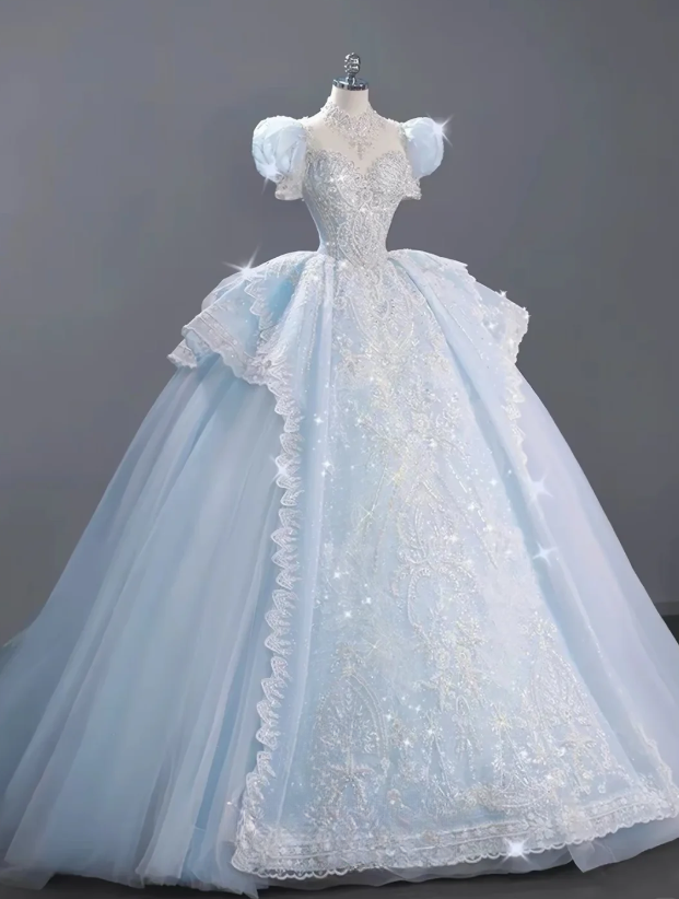 Märchen Tüll Ballkleid Quinceañera Kleid Applikation Blau Sweet 16 Kleid DP06201