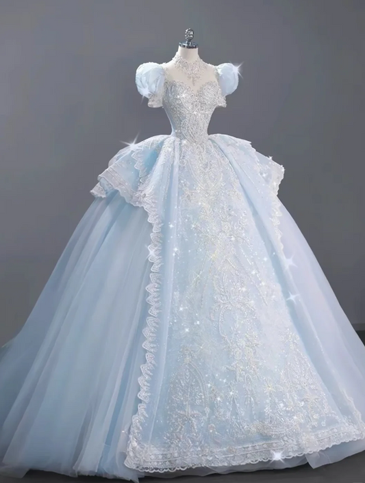 Fairy Tulle Ball Gown Quinceanera Dress Applique Blue Sweet 16 Dress DP06201