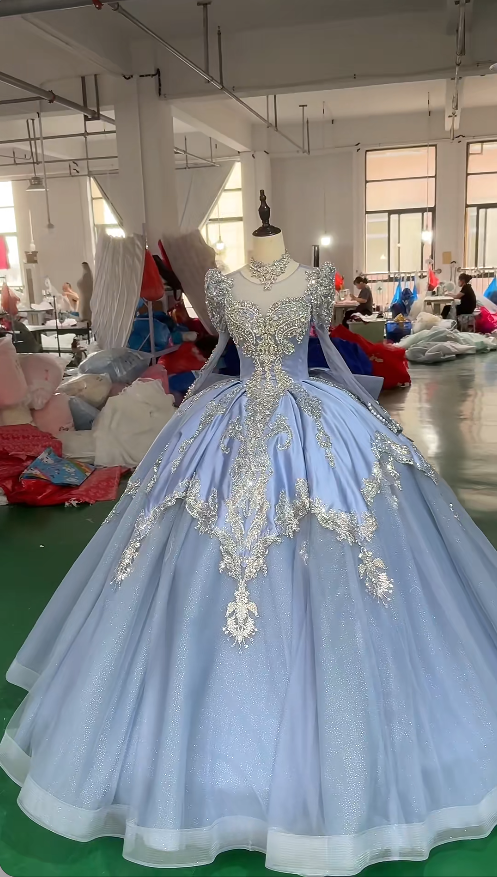 Robe de Quinceañera en Tulle de Fée avec Appliques Bleu Robe de Sweet 16 DP06203