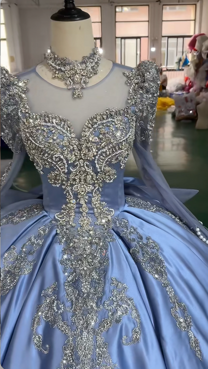 Robe de Quinceañera en Tulle de Fée avec Appliques Bleu Robe de Sweet 16 DP06203