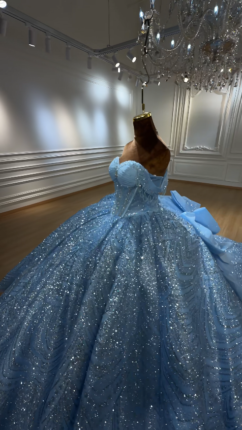 Robe de bal féerique en tulle à épaules dénudées pour Quinceanera avec sequins, robe bleue pour Sweet 16 DP06204