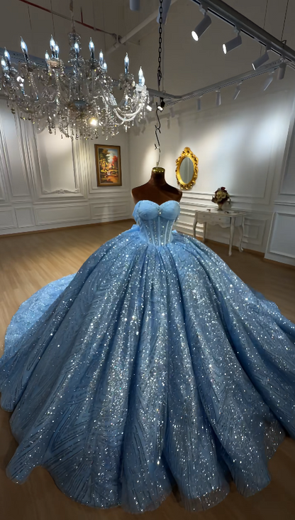 Robe de bal féerique en tulle à épaules dénudées pour Quinceanera avec sequins, robe bleue pour Sweet 16 DP06204
