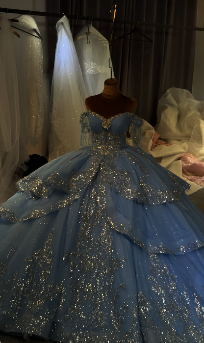 Robe de bal de Quinceanera féérique en tulle à épaules dénudées, perles bleues, robe de bal de fin d'année douce 16 ans DP06205