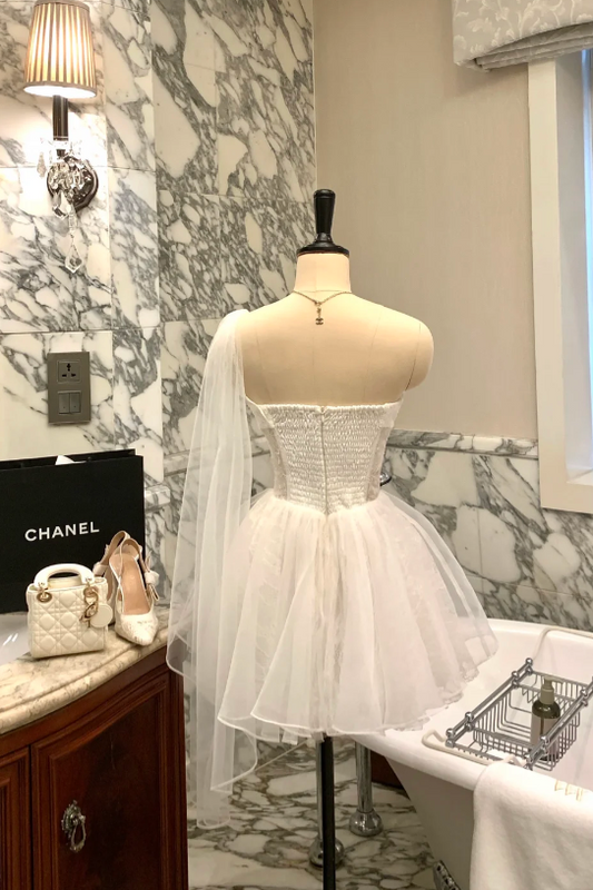 Cute White Birthday Dress One-shoulder Tulle Dress for Party A-Line Hoco Dress DP06206