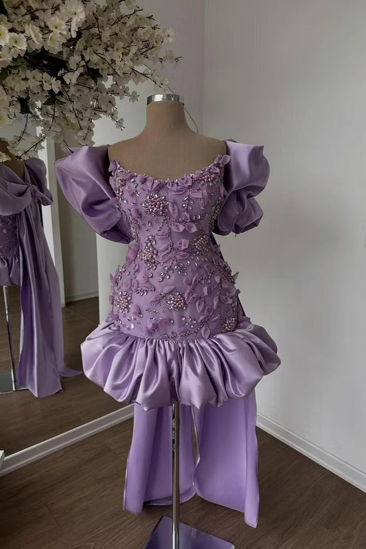 Niedliches lilafarbenes Geburtstags-Cocktailkleid Scheide Hoco-Kleid Sweetheart Satin Applikationen Kleid für Party DP06208