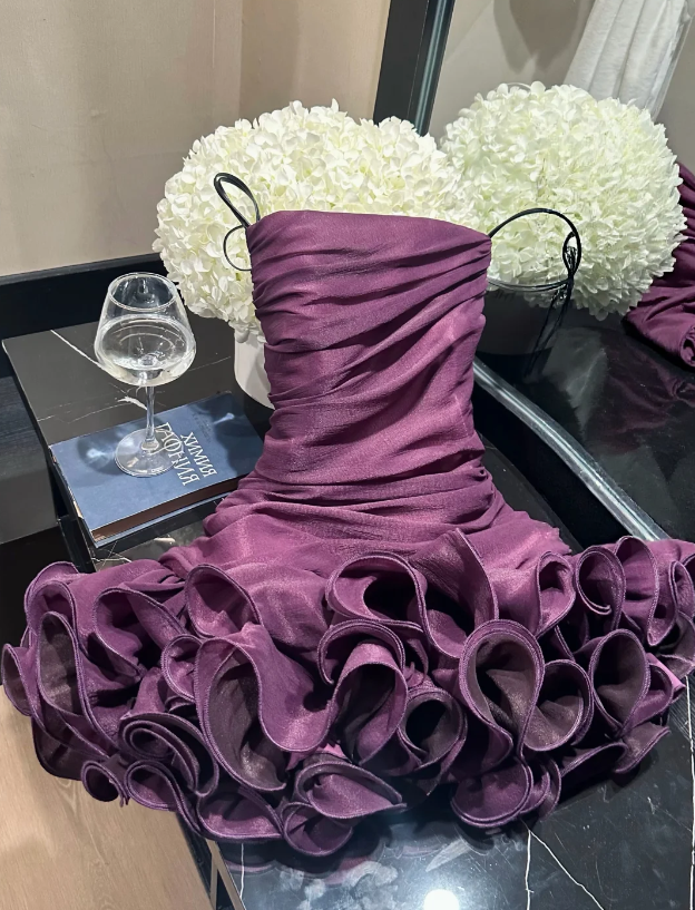 Jolie robe de bal violette trapèze, robe de soirée en mousseline à bretelles DP06210