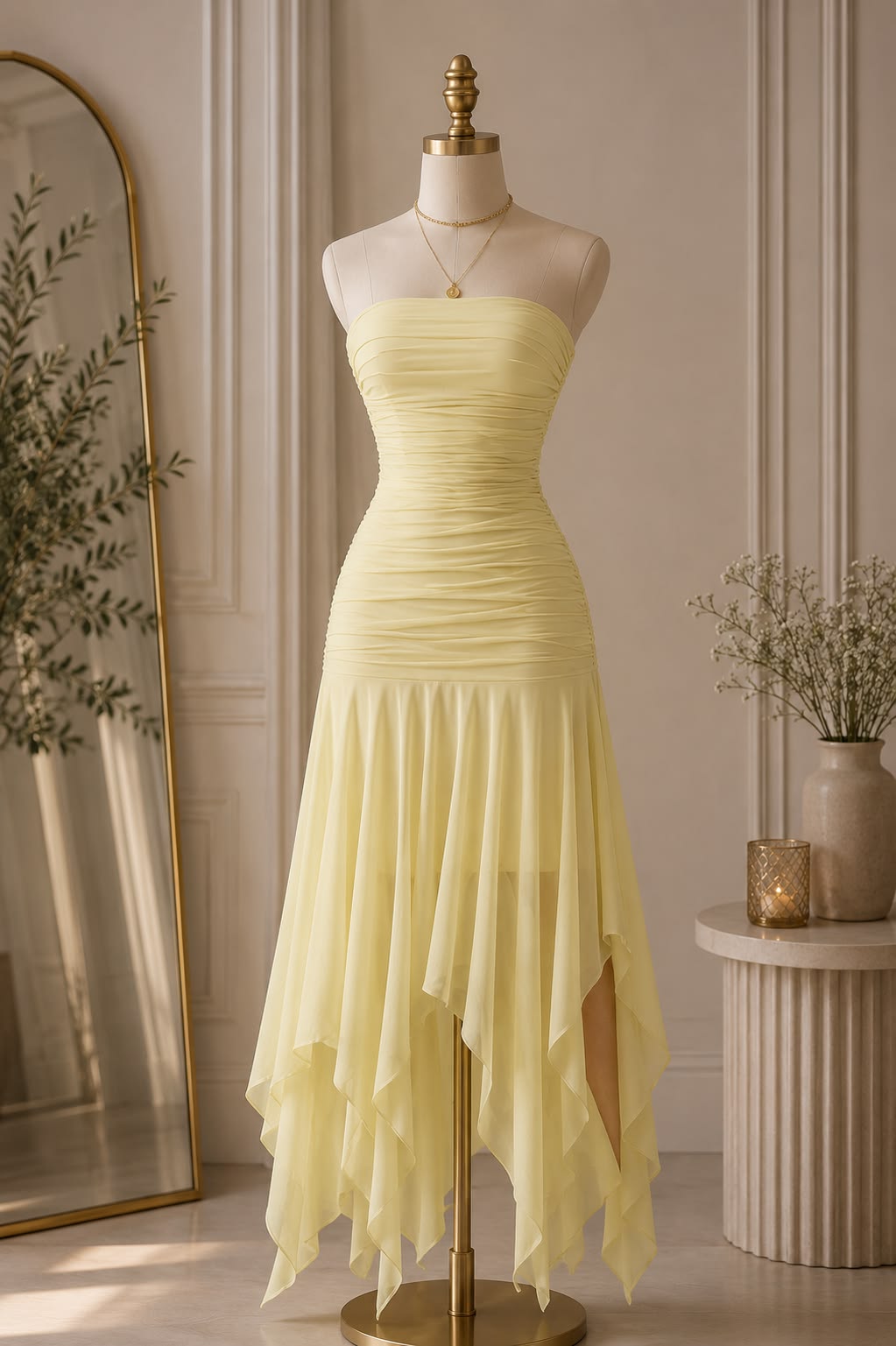Schickes gelbes Ballkleid Trägerloses Etui-Chiffon langes Abendkleid DP06212