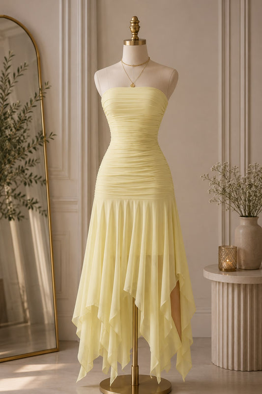 Robe de bal jaune chic sans bretelles fourreau en mousseline longue robe de soirée DP06212