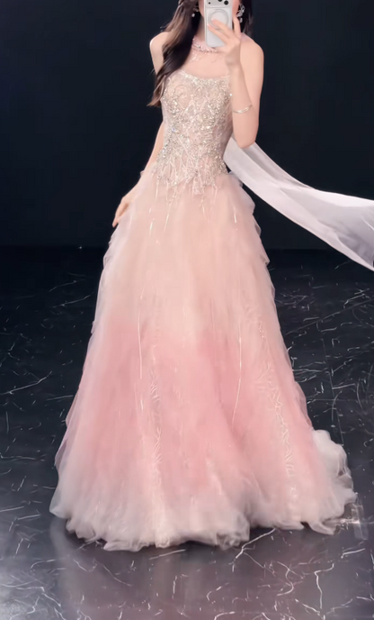 Elegantes rosafarbenes Ballkleid Trägerlos A-Linie Perlenbesetzter Tüll Langes Abendkleid DP06214