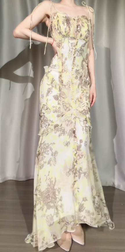 Elegantes gelbes Ballkleid Träger Etui Blumen Chiffon Langes Abendkleid DP06216