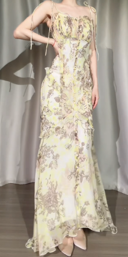 Elegantes gelbes Ballkleid Träger Etui Blumen Chiffon Langes Abendkleid DP06216
