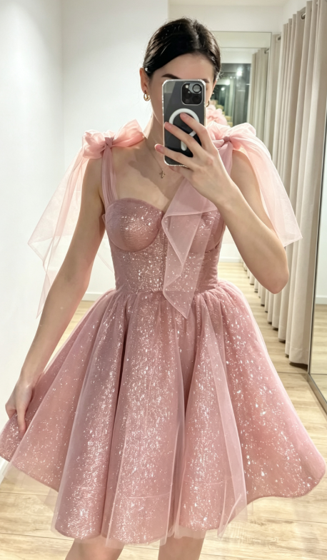 Modisches rosa Hoco-Kleid mit Trägern A-Linien-Geburtstagskleid Tüll-Partykleid DP06226