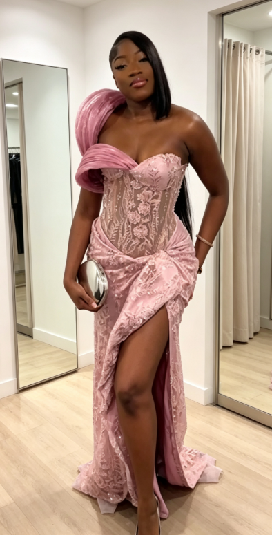 Glamouröses pinkes Ballkleid, schulterfrei, Etui-Form, Applikationen, Tüll, langes Abendkleid DP06233