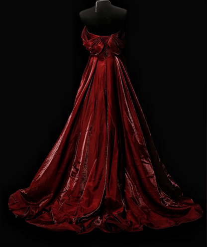 Élégante Robe de Soirée Bourgogne en Satin Épaules Dénudées Robe de Bal Trapèze DP06236