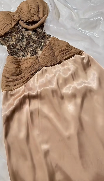 Elegant Brown Evening Dress Beaded Satin Straps Sheath  Prom Dress DP06237