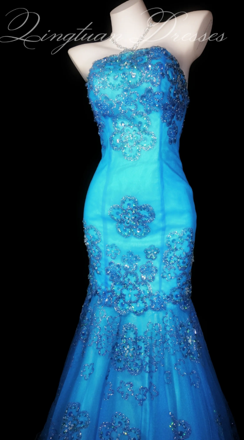 Elegantes blaues Abendkleid, trägerloses Meerjungfrauen-Ballkleid, Tüll-Pailletten-Abendkleid DP06244