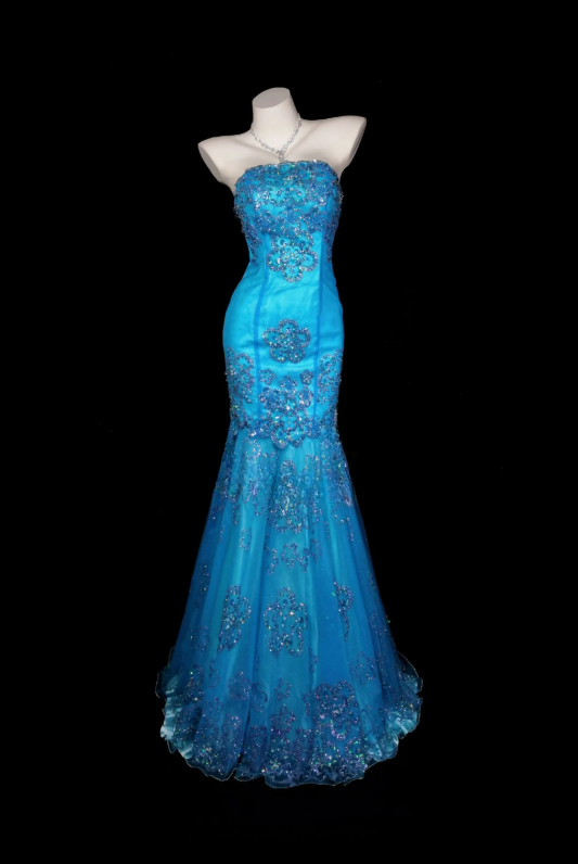 Elegantes blaues Abendkleid, trägerloses Meerjungfrauen-Ballkleid, Tüll-Pailletten-Abendkleid DP06244