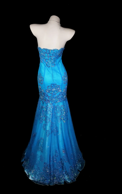 Elegantes blaues Abendkleid, trägerloses Meerjungfrauen-Ballkleid, Tüll-Pailletten-Abendkleid DP06244