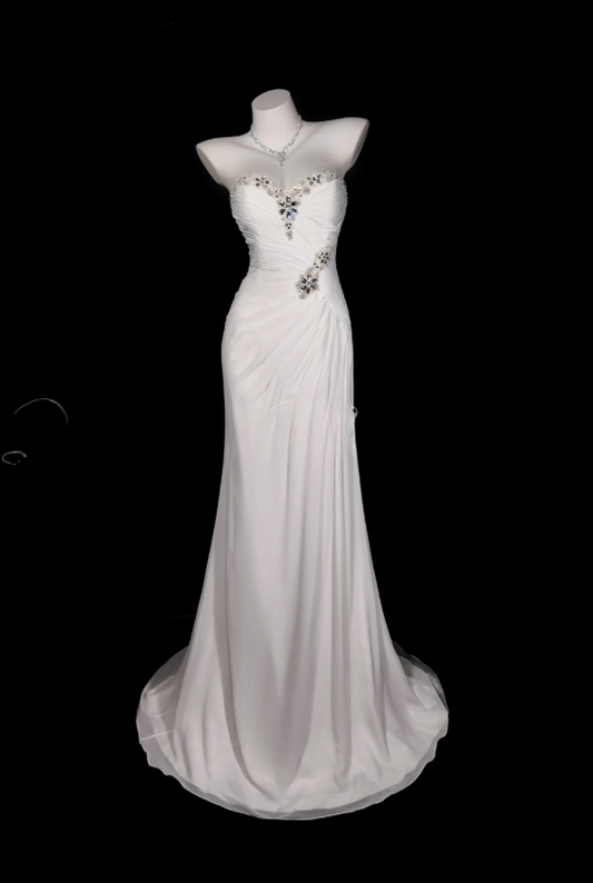 Robe de Soirée Blanche Chic Fourreau Cœur Robe de Bal Mousseline de Soie Robe Formelle DP06245