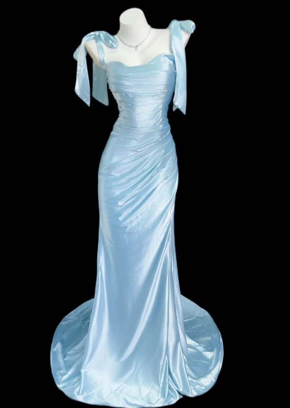 Robe de Soirée Chic Bleue à Bretelles, Fourreau, Bal, Satin, Formelle DP06248