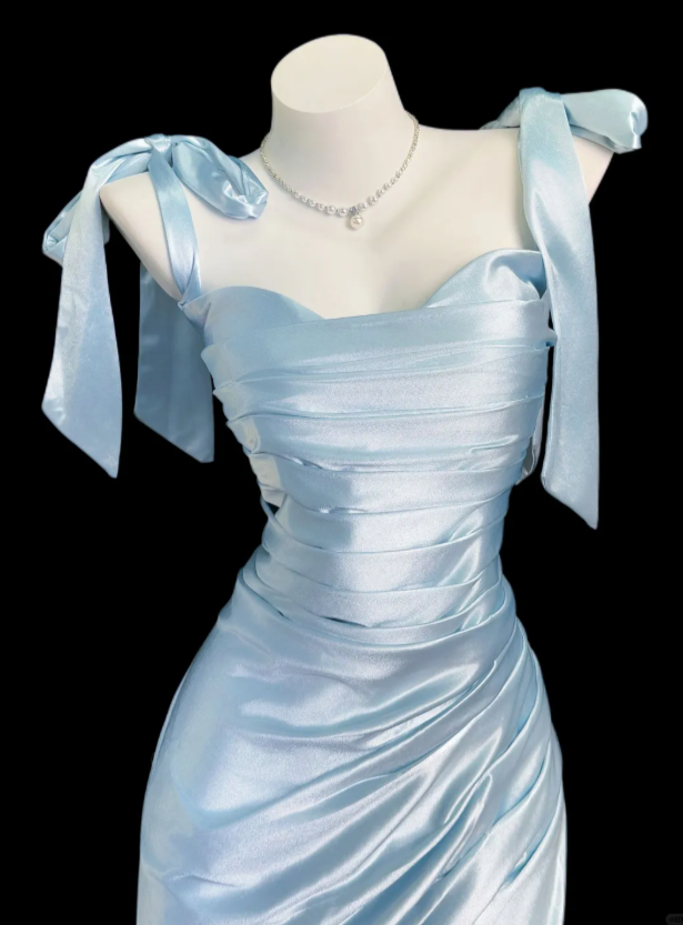 Robe de Soirée Chic Bleue à Bretelles, Fourreau, Bal, Satin, Formelle DP06248
