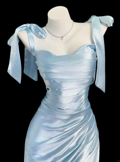 Robe de Soirée Chic Bleue à Bretelles, Fourreau, Bal, Satin, Formelle DP06248