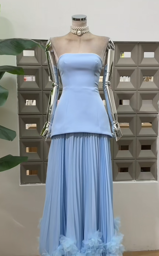 Chic Blue Evening Dress Strapless Sheath Prom Dress Tulle Formal Dress DP06250