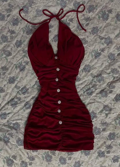 Sexy burgunderrotes kurzes Ballkleid aus Satin, Hoco-Kleid, Neckholder-Bodycon-Geburtstagskleid DP06257