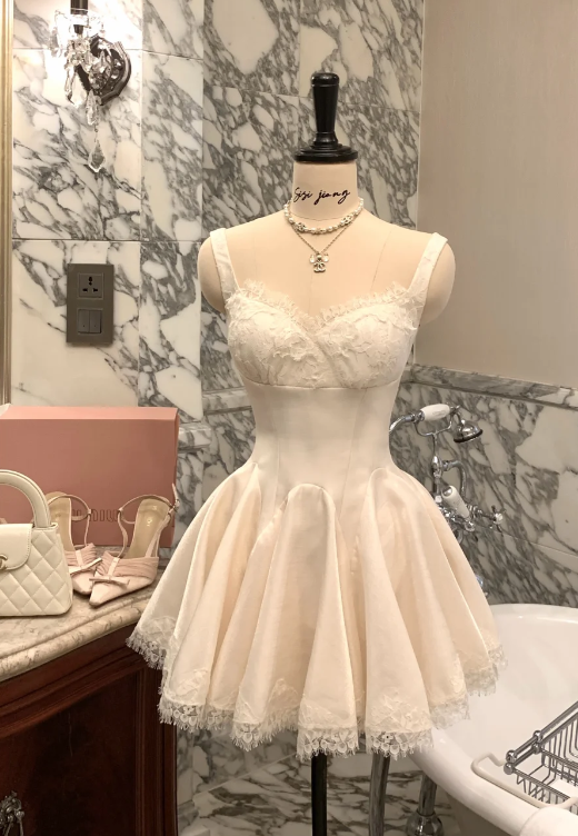 Cute White Short Prom Dress A-Line Birthday Dress Lace Satin Hoco Dress DP06261