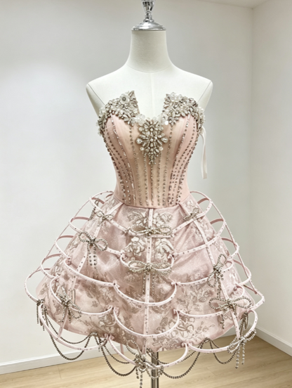 Sexy Pink Short Prom Dress Strapless A-Line Birthday Dress Beaded Tulle Hoco Dress DP06269
