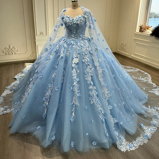 Robe de Quinceañera Bleu Féerique Robe de Bal Cœur Robe d'Anniversaire Tulle Appliqués Robe d'Anniversaire 16 Ans DP06271