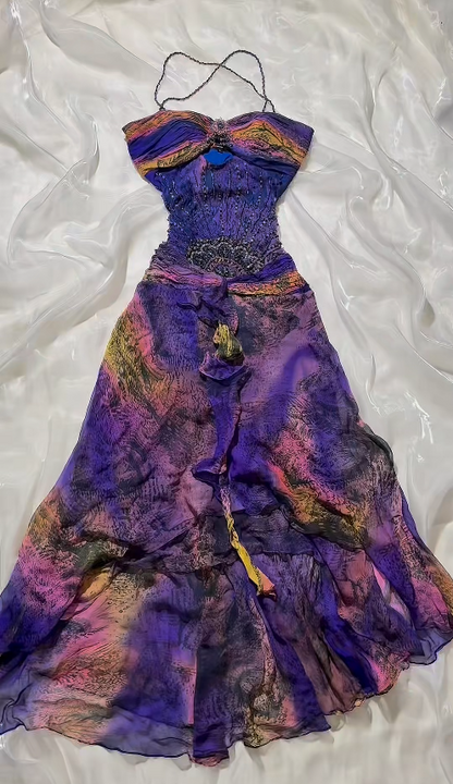 Chic Halter Sheath Beaded Chiffon Long Evening Dress Purple Prom Dress DP06279