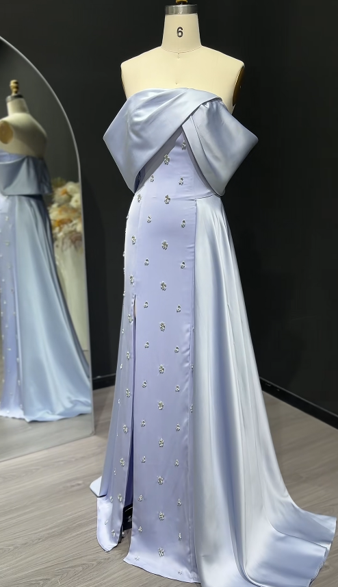 Elegantes schulterfreies, perlenbesetztes Etuikleid aus Satin, langes Abendkleid, blaues Ballkleid DP06280