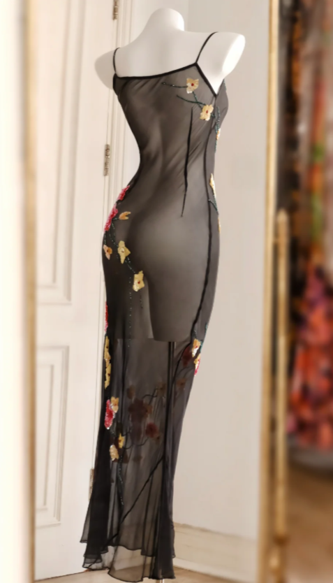 Chic Spaghetti Straps Sheath Chiffon Long Evening Dress Black Prom Dress DP06281