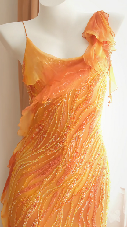 Chic Spaghetti Straps Sheath Chiffon Beaded Long Evening Dress Orange Prom Dress DP06282